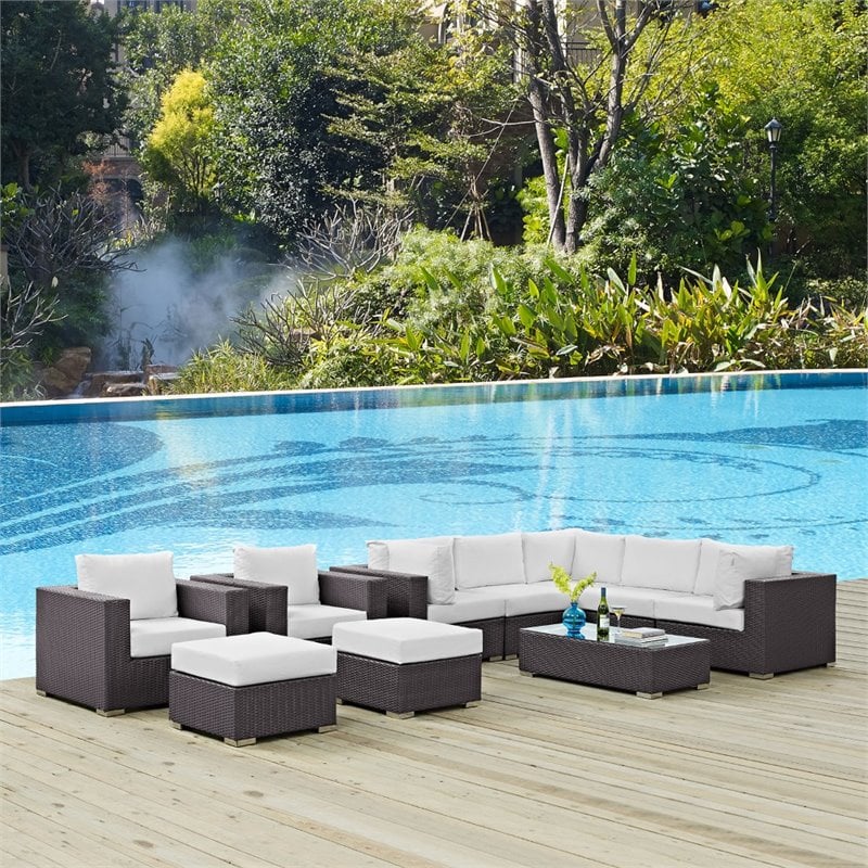 Modway Convene 10-Piece Aluminum and Rattan Patio Sectional Set - Espresso/White