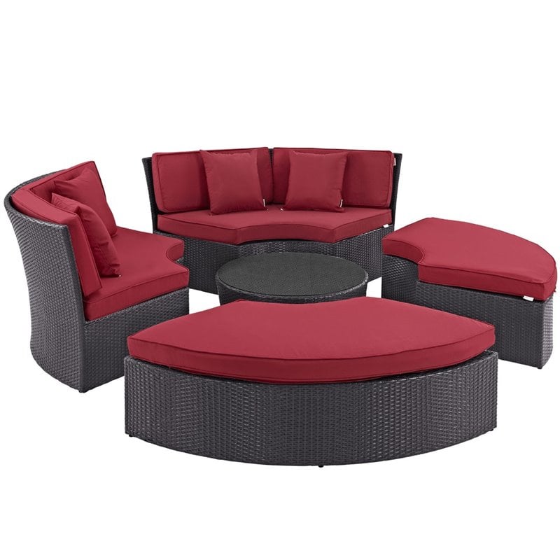 Convene Circular Outdoor Patio Daybed Set in Espresso Red