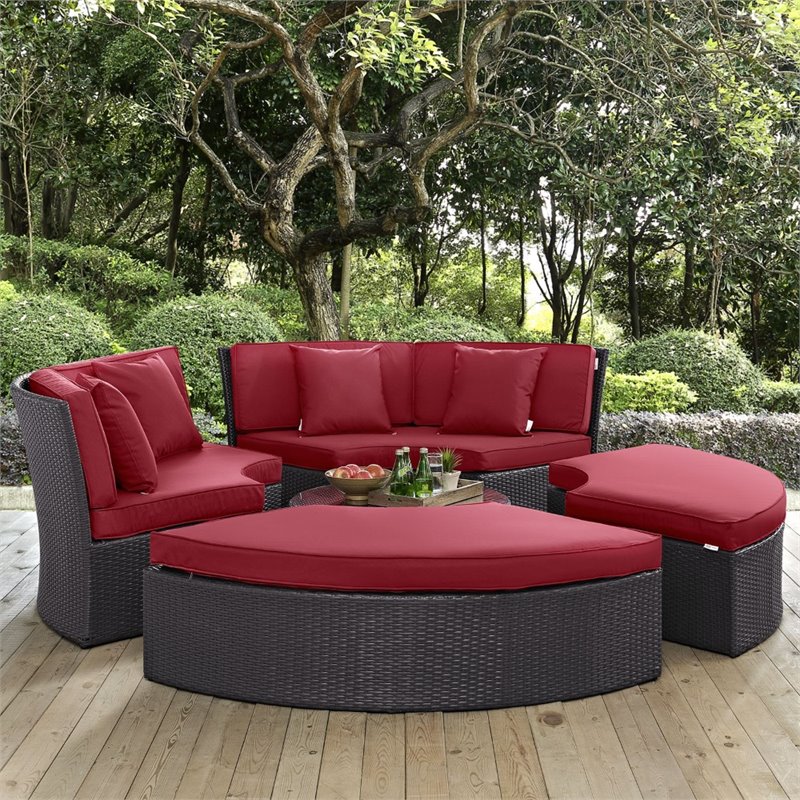 Convene Circular Outdoor Patio Daybed Set in Espresso Red