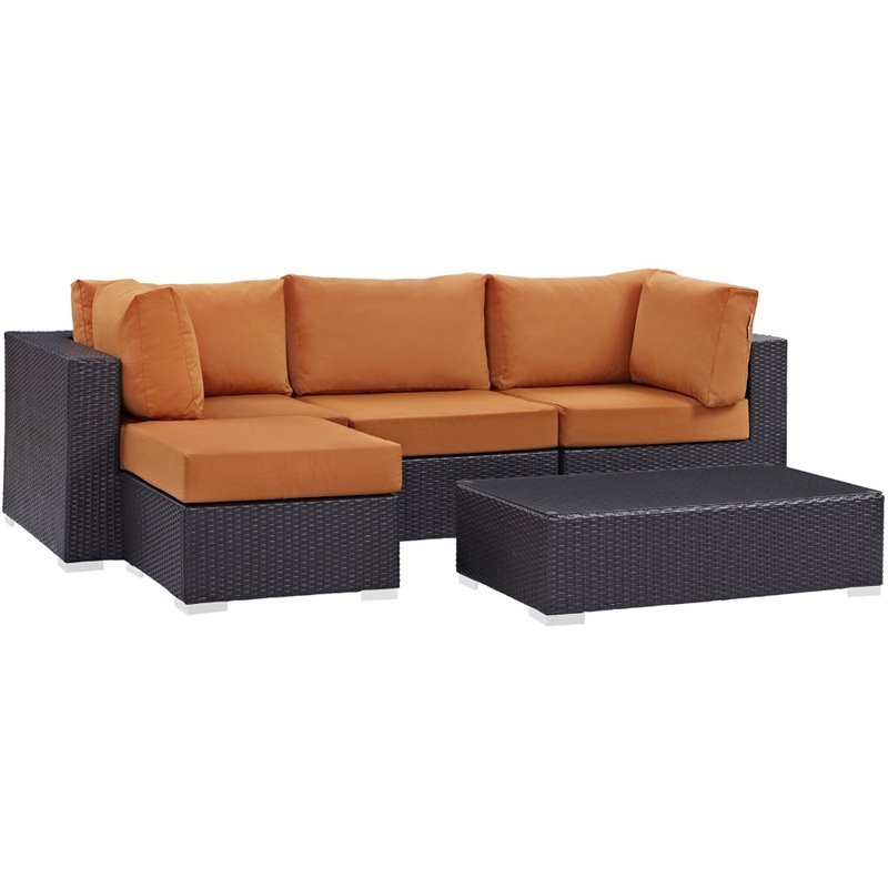 Modway Convene 5-Piece Aluminum and Rattan Patio Sectional Set - Espresso/Orange