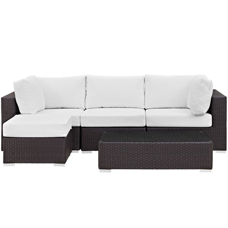Modway Convene 5-Piece Aluminum and Rattan Patio Sectional Set in White/Espresso