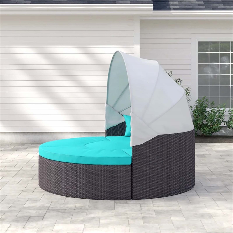 Modway Convene Canopy Aluminum and Rattan Patio Daybed in Turquoise/Espresso
