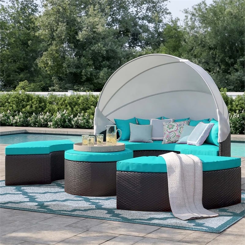 Modway Convene Canopy Aluminum and Rattan Patio Daybed in Turquoise/Espresso
