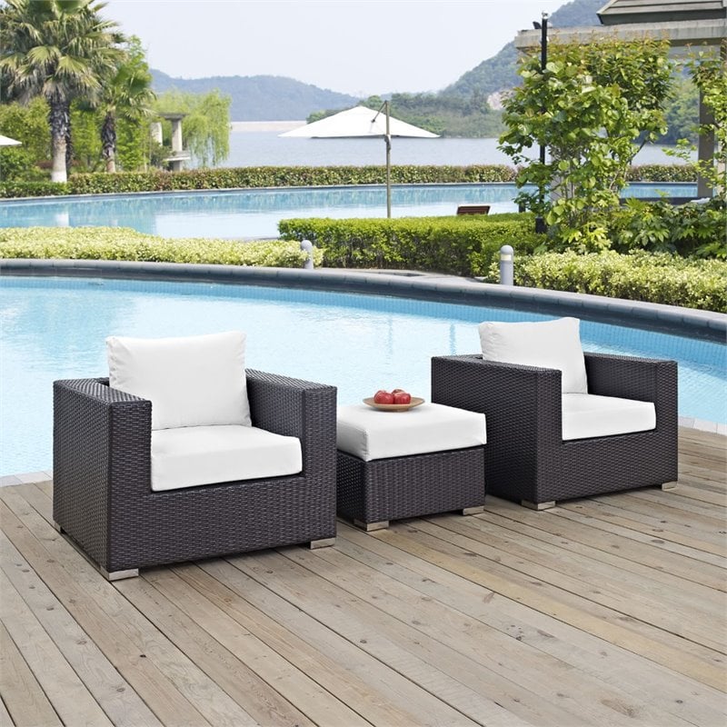 modway convene 3-piece aluminum and rattan patio sofa set in white/espresso