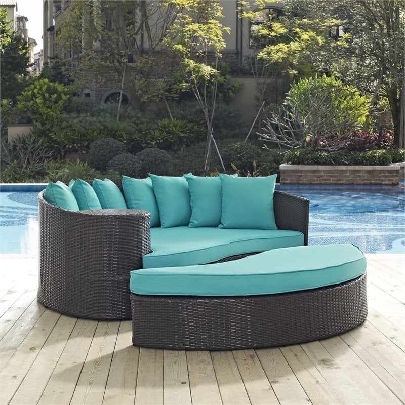 modway convene aluminum and rattan patio daybed in espresso/turquoise