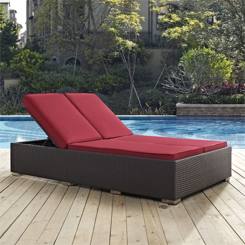 Modway Convene Double Aluminum and Rattan Patio Chaise in Espresso/Red