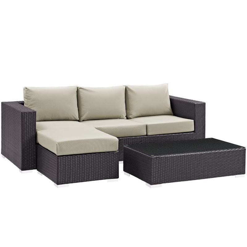 Modway Convene 3-Piece Aluminum and Rattan Patio Sofa Set in Espresso/Beige