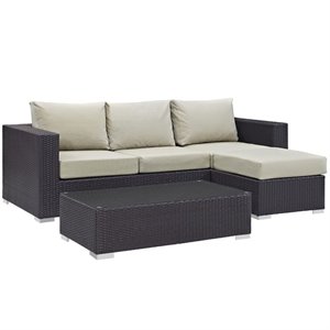Modway Convene 3-Piece Aluminum and Rattan Patio Sofa Set in Espresso/Beige