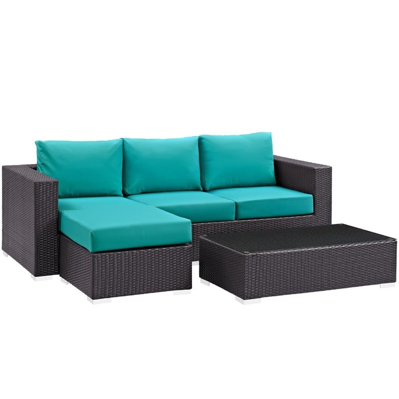 Modway Convene 3-Piece Aluminum and Rattan Patio Sofa Set in Espresso/Turquoise