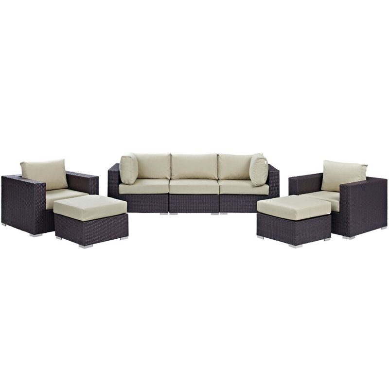 Modway Convene 7-Piece Aluminum and Rattan Patio Sectional Set in Espresso/Beige