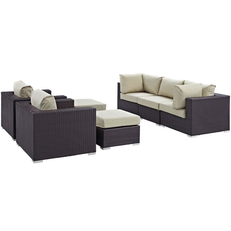 Modway Convene 7-Piece Aluminum and Rattan Patio Sectional Set in Espresso/Beige