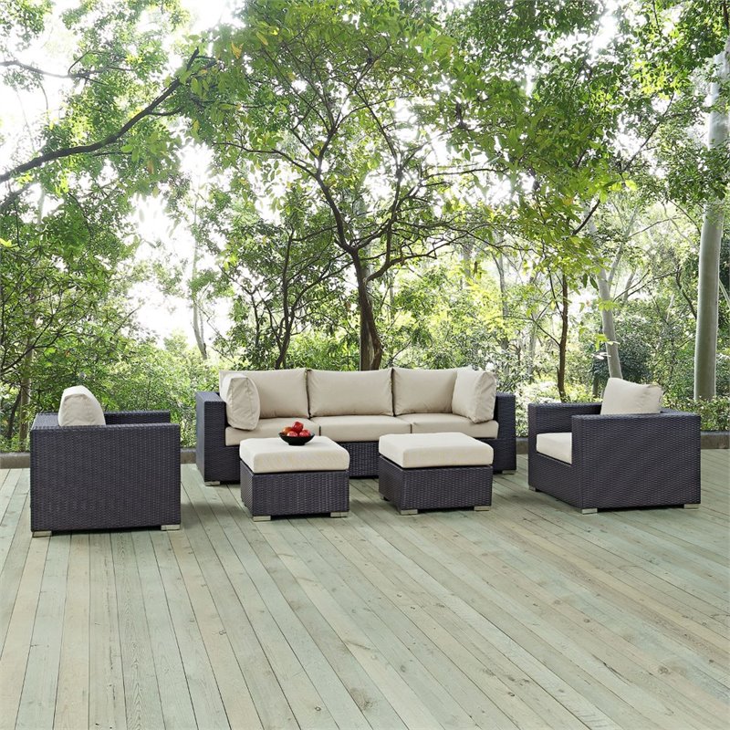 Modway Convene 7-Piece Aluminum and Rattan Patio Sectional Set in Espresso/Beige