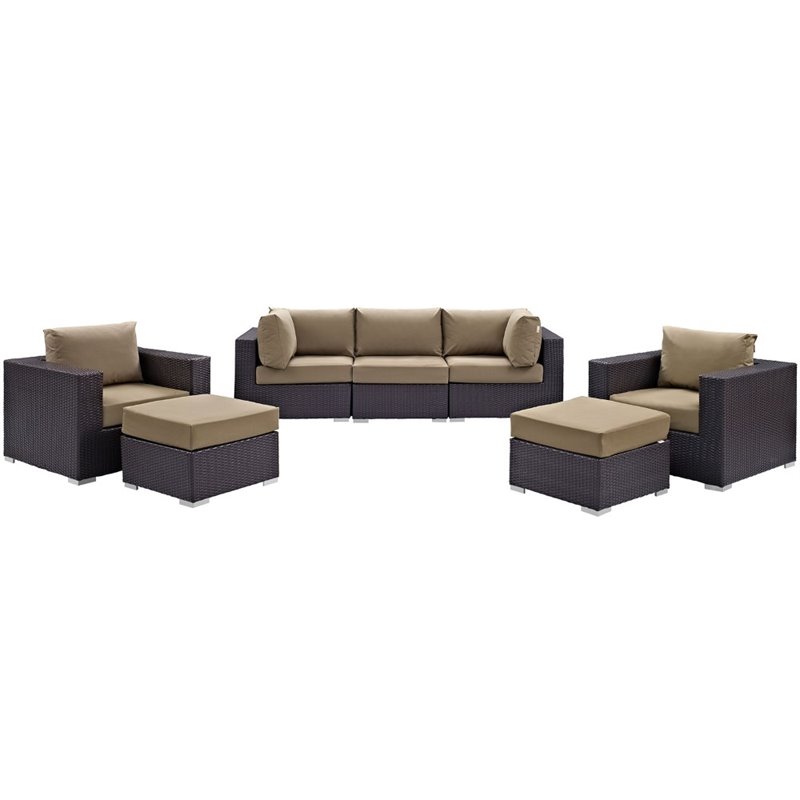 Modway Convene 7-Piece Aluminum and Rattan Patio Sectional Set in Espresso/Mocha