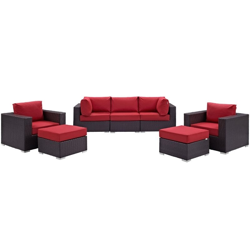 Modway Convene 7-Piece Aluminum and Rattan Patio Sectional Set in Espresso/Red