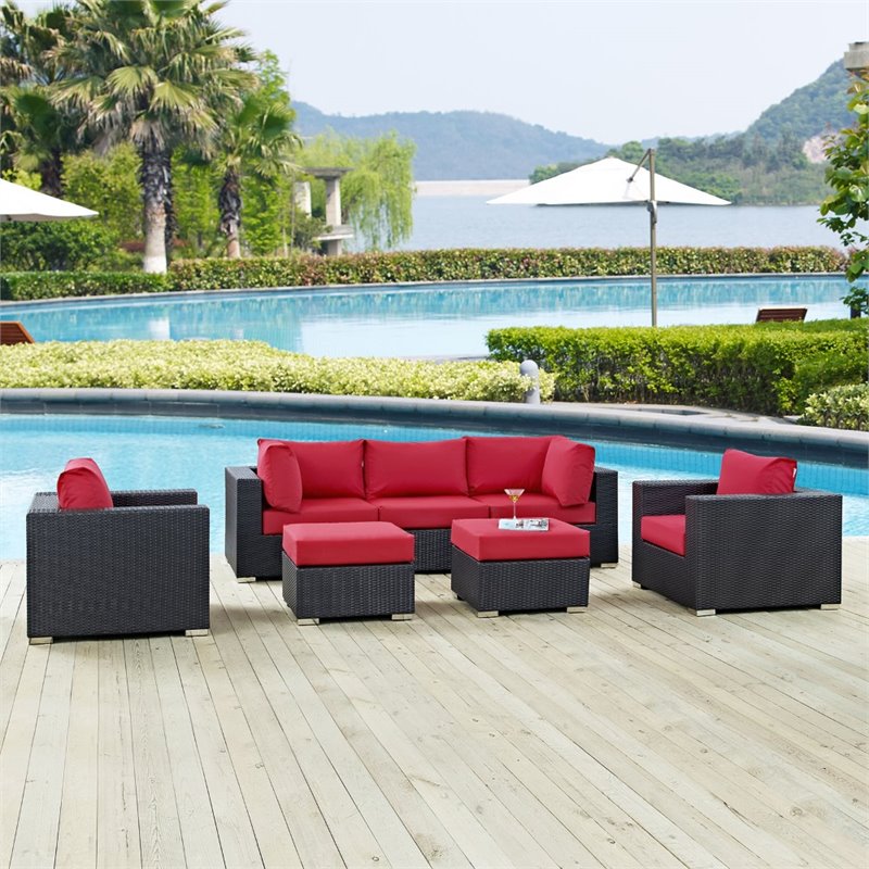 Modway Convene 7-Piece Aluminum and Rattan Patio Sectional Set in Espresso/Red