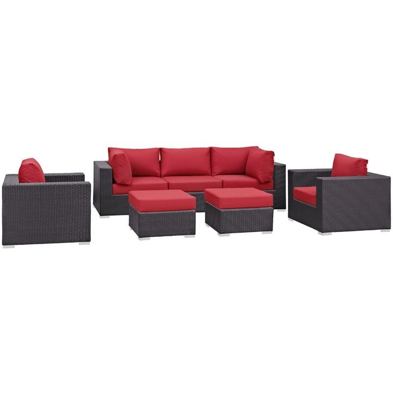 Modway Convene 7-Piece Aluminum and Rattan Patio Sectional Set in Espresso/Red
