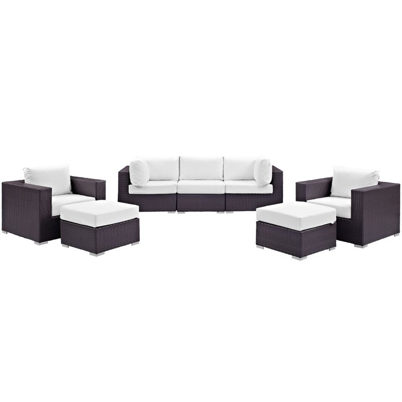 Modway Convene 7-Piece Aluminum and Rattan Patio Sectional Set in Espresso/White