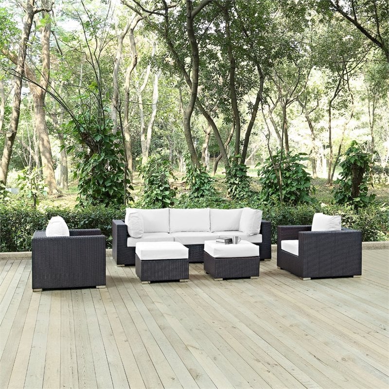 Modway Convene 7-Piece Aluminum and Rattan Patio Sectional Set in Espresso/White