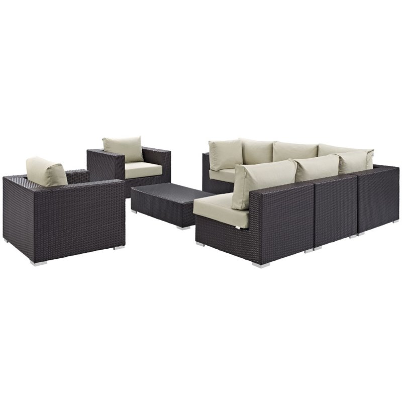 Modway Convene 8-Piece Aluminum and Rattan Patio Sectional Set in Beige/Espresso