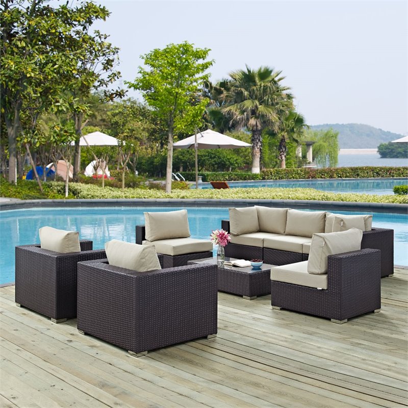 Modway Convene 8-Piece Aluminum and Rattan Patio Sectional Set in Beige/Espresso