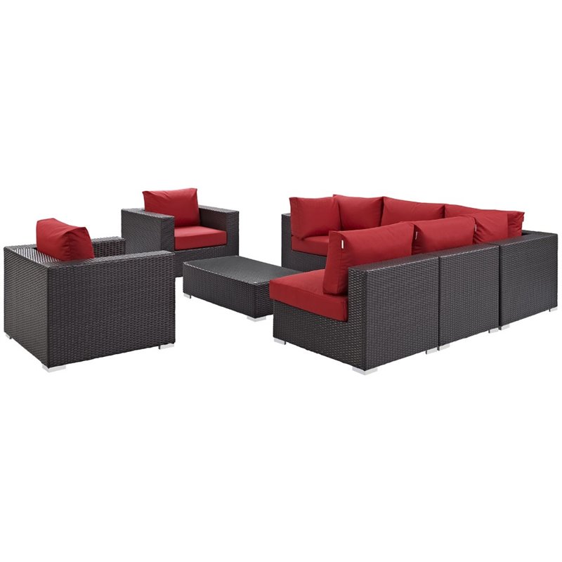 Modway Convene 8-Piece Aluminum and Rattan Patio Sectional Set in Espresso/Red