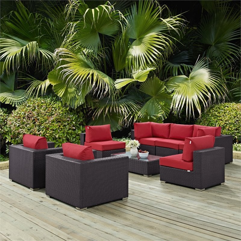 Modway Convene 8-Piece Aluminum and Rattan Patio Sectional Set in Espresso/Red