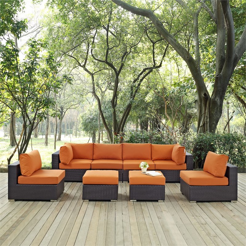 Modway Convene 8-Piece Aluminum Rattan Patio Sectional Set in Espresso/Orange
