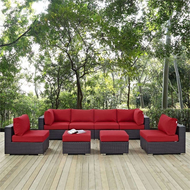 Modway Convene 8-Piece Aluminum and Rattan Patio Sectional Set - Red/Espresso