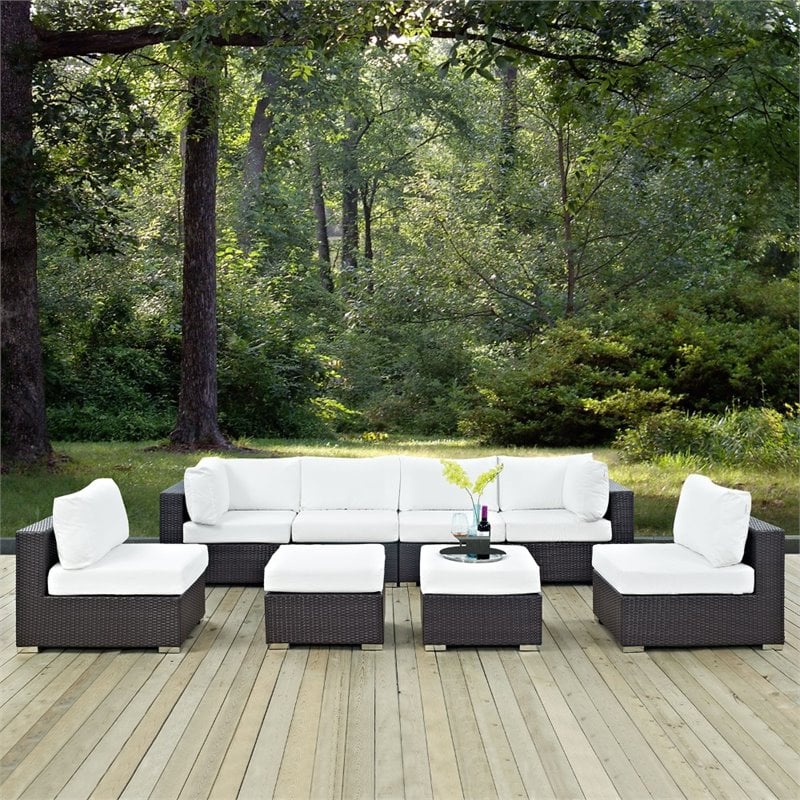 Modway Convene 8-Piece Aluminum and Rattan Patio Sectional Set in White/Espresso
