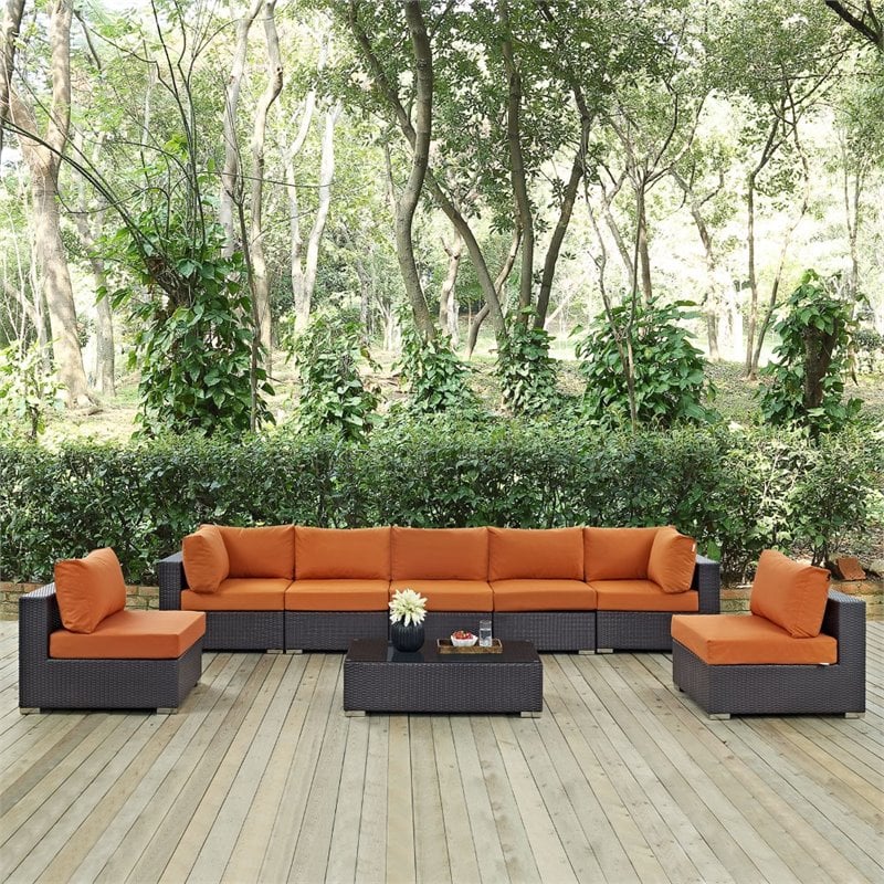 Modway Convene 8-Piece Aluminum Rattan Patio Sectional Set in Orange/Espresso