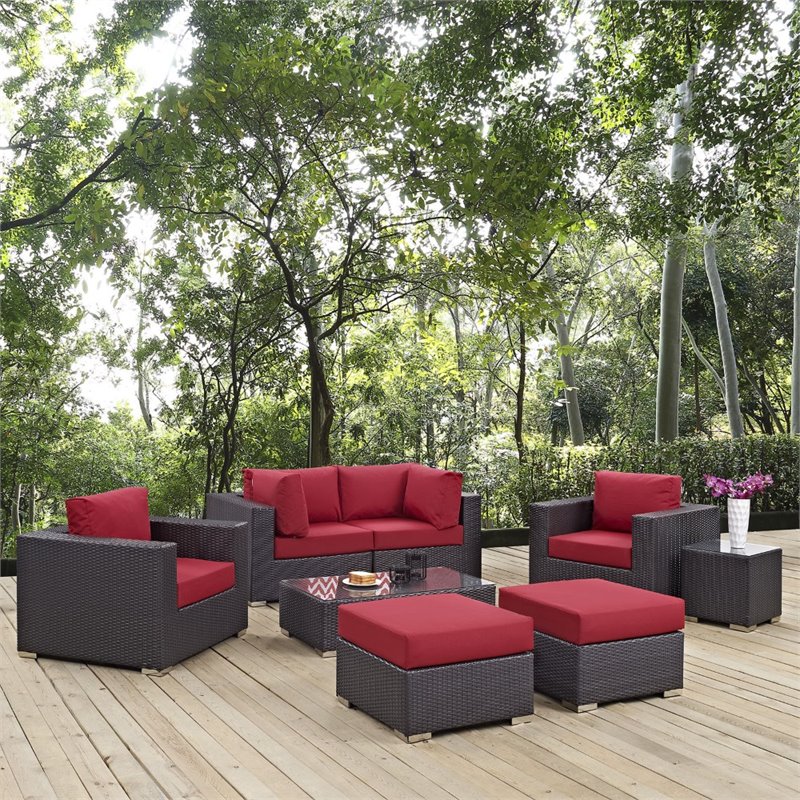 Modway Convene 8-Piece Aluminum and Rattan Patio Sectional Set - Espresso/Red