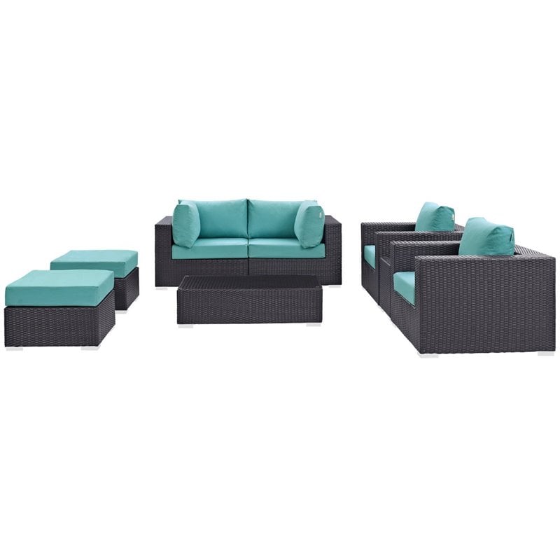 Modway Convene 8-Piece Aluminum Rattan Patio Sectional Set - Espresso/Turquoise
