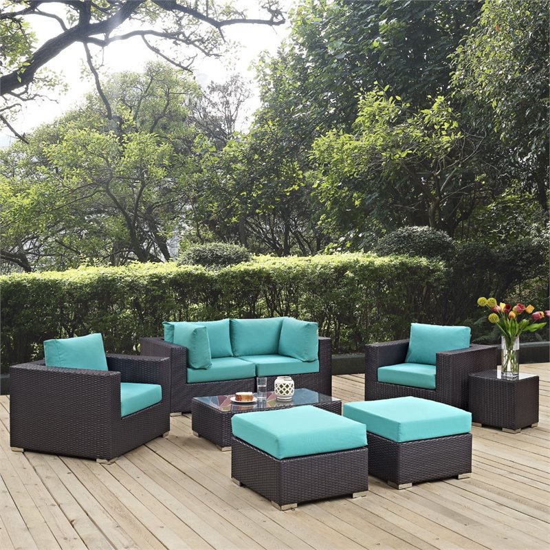 Modway Convene 8-Piece Aluminum Rattan Patio Sectional Set - Espresso/Turquoise
