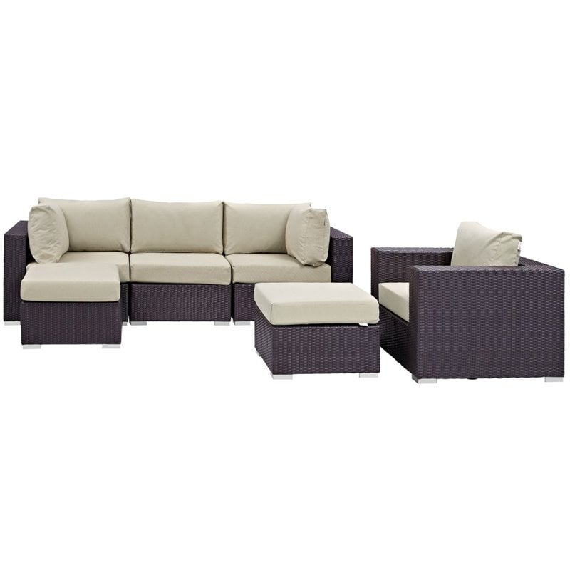 Modway Convene 6-Piece Aluminum and Rattan Patio Sectional Set in Espresso/Beige