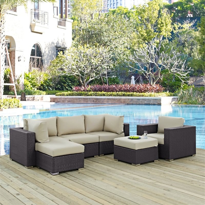 Modway Convene 6-Piece Aluminum and Rattan Patio Sectional Set in Espresso/Beige