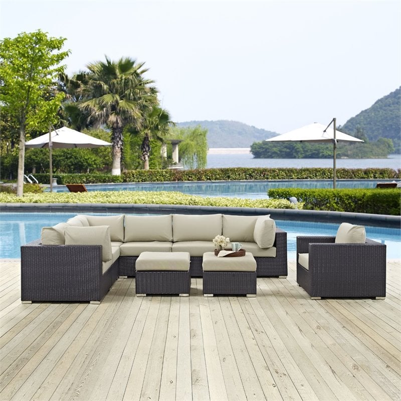Modway Convene 9-Piece Aluminum and Rattan Patio Sectional Set in Espresso/Beige
