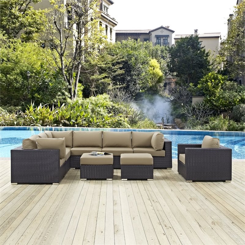 Modway Convene 9-Piece Aluminum and Rattan Patio Sectional Set in Espresso/Mocha