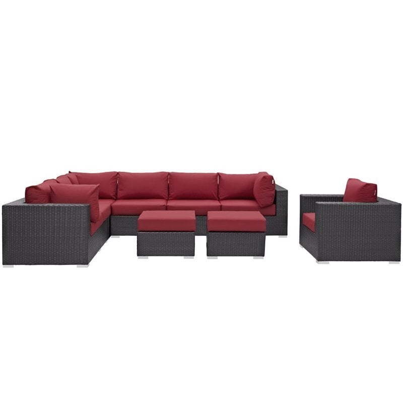 Modway Convene 9-Piece Aluminum and Rattan Patio Sectional Set in Espresso/Red