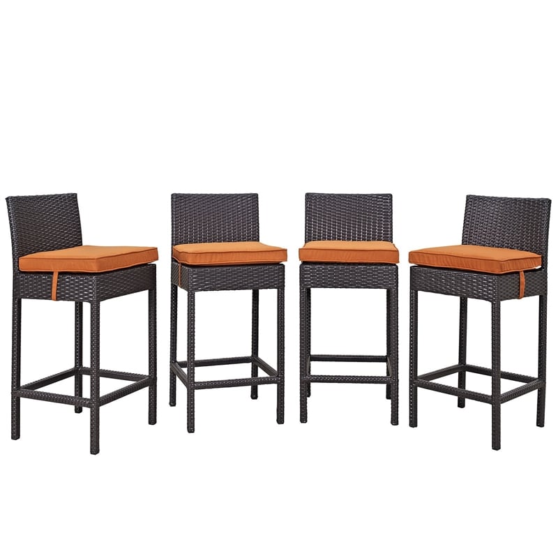 Modway Convene Aluminum/Rattan Patio Bar Stool Set in Espresso/Orange (Set of 4)