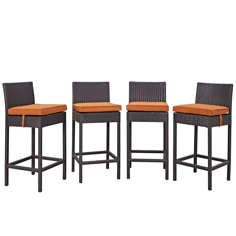 Modway Convene Aluminum/Rattan Patio Bar Stool Set in Espresso/Orange (Set of 4)
