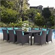 Modway Convene 11-Piece Rattan Aluminum Patio Dining Set in Espresso/Turquoise