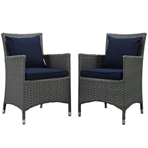 modway sojourn 2-piece rattan fabric patio dining chairs in canvas gray/navy