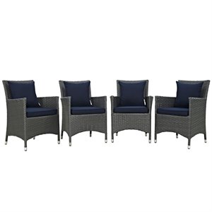 modway sojourn 4-piece rattan fabric patio dining chairs in canvas gray/navy