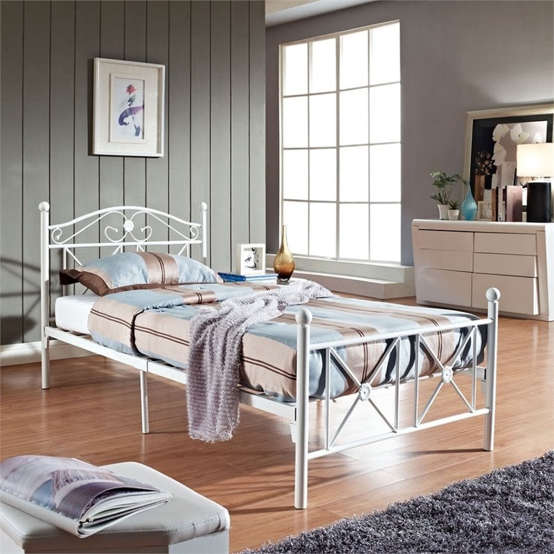 Modway Cottage Modern Style Solidly Welded Iron Twin Bed in White