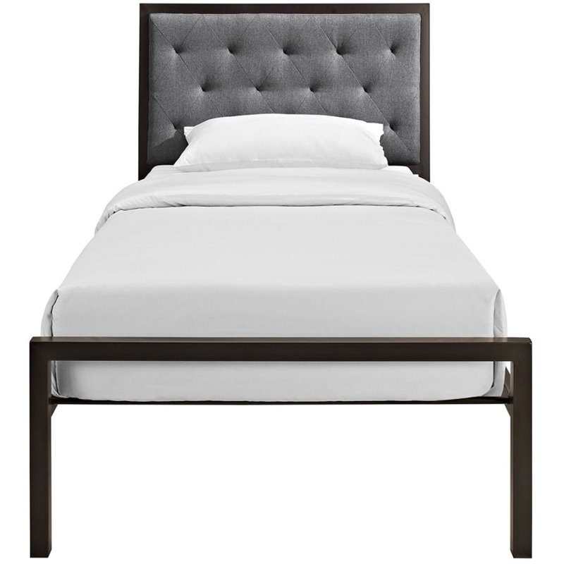 Modway Mia Twin Powder-coated Steel and Fabric Bed in Brown/Gray