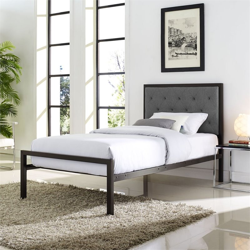 Modway Mia Twin Powder-coated Steel and Fabric Bed in Brown/Gray