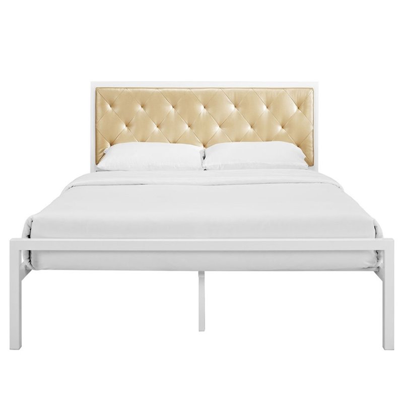 Mia Vinyl Queen Bed in White Champagne