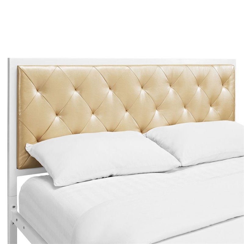 Mia Vinyl Queen Bed in White Champagne