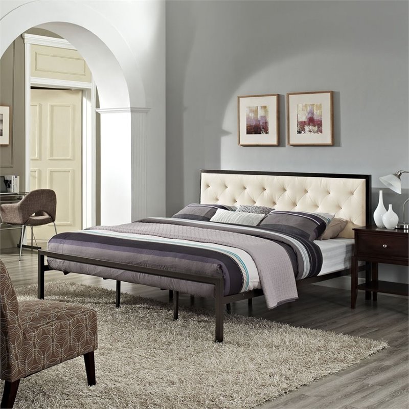 Modway Mia King Powder-coated Steel and Fabric Bed in Brown/Beige