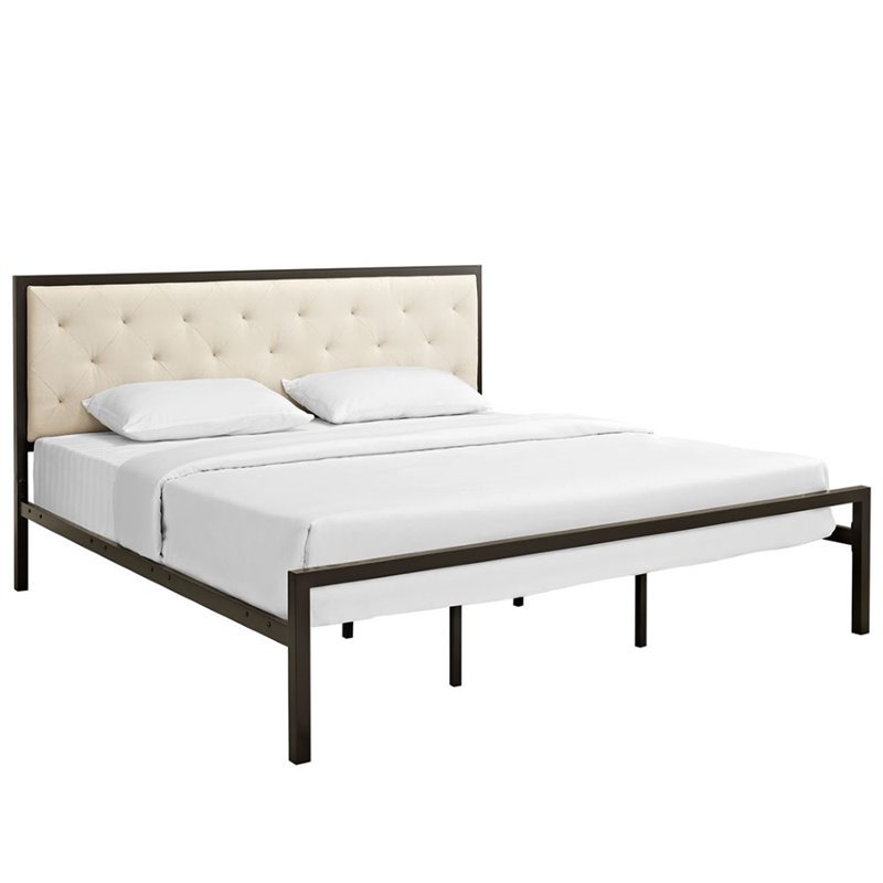 Modway Mia King Powder-coated Steel and Fabric Bed in Brown/Beige